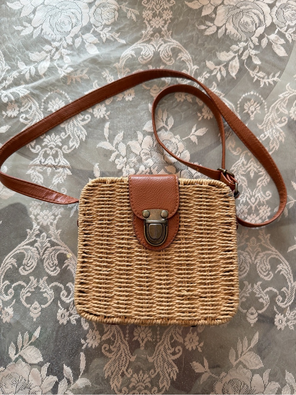 Vintage Woven Straw Crossbody Bag with Brown Leather Trim